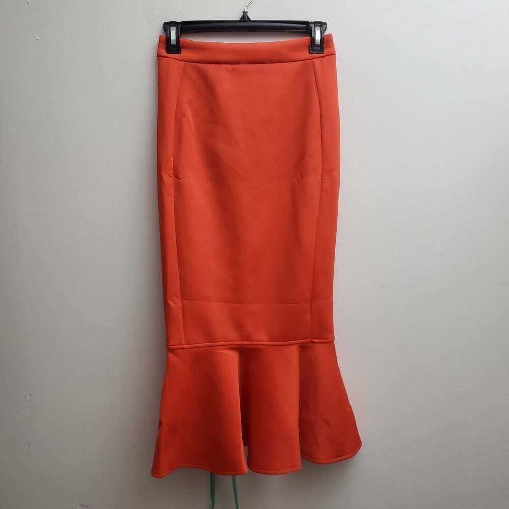 MISTRESS ROCKS Laila Skirt XS Solid Red Scuba Midi Ruffle Hem Stretch NWT